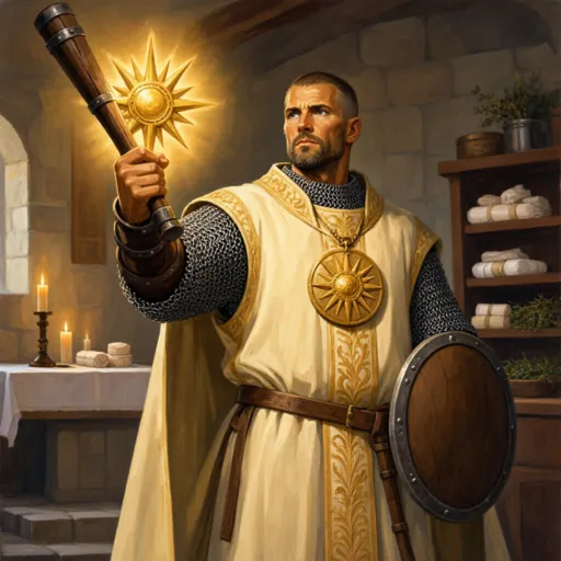 A cleric in mail and a white mantle, holding a mace and a round shield in a stone archway.