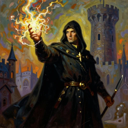 A hooded mage in black raising a hand crackling with lightning, a tower behind.