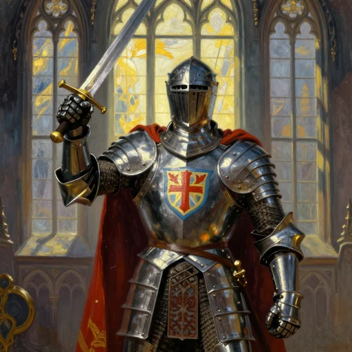 A paladin in plate with a red cross on the breast, sword raised, in a cathedral.