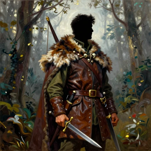 A ranger in a fur-collared leather coat with a long knife, in a sunlit wood.