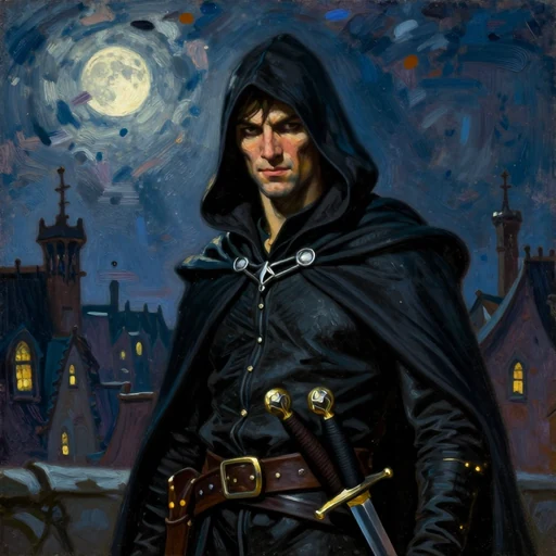 A hooded rogue in a dark cloak with a dagger at the belt, under a full moon in a town at night.