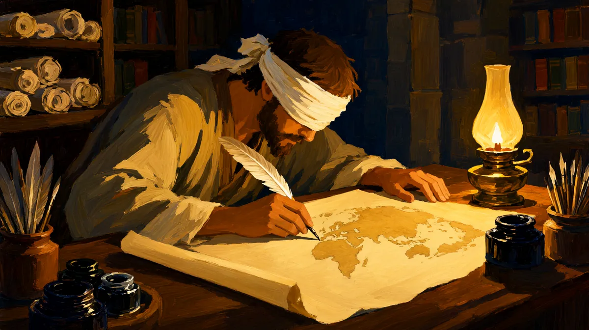A painting of a scribe with a cloth bound over his eyes, bent over a desk, writing a map of the world by the light of an oil lamp. Scrolls and books line the shelves behind him.