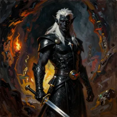 A white-haired dark elf in black armour with a curved blade, in a cave lit by fire.
