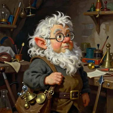 A white-haired gnome with spectacles in a cluttered workshop.