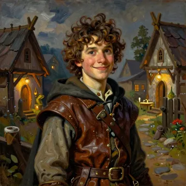 A curly-haired halfling smiling in a village lane.