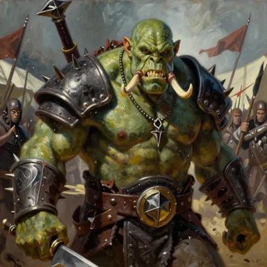 A green-skinned orc in heavy armour with tusks, banners behind.
