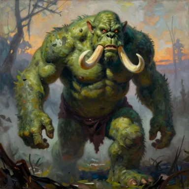 A huge green troll with tusks, standing in a misty wood.