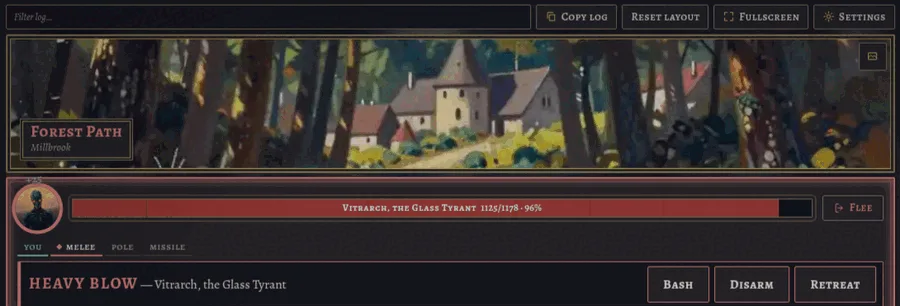 The web client in a boss fight: a painted forest path above, the foe's health bar, a range band marked melee, and a red Heavy blow strip with Bash, Disarm and Retreat buttons.
