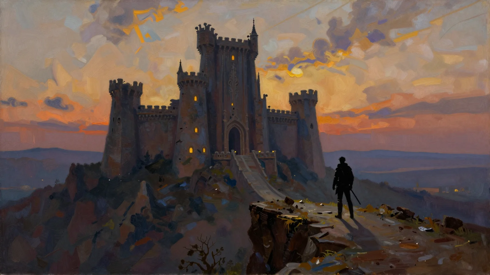 A lone figure on a rocky outcrop looks across at a dark castle against a sunset sky.