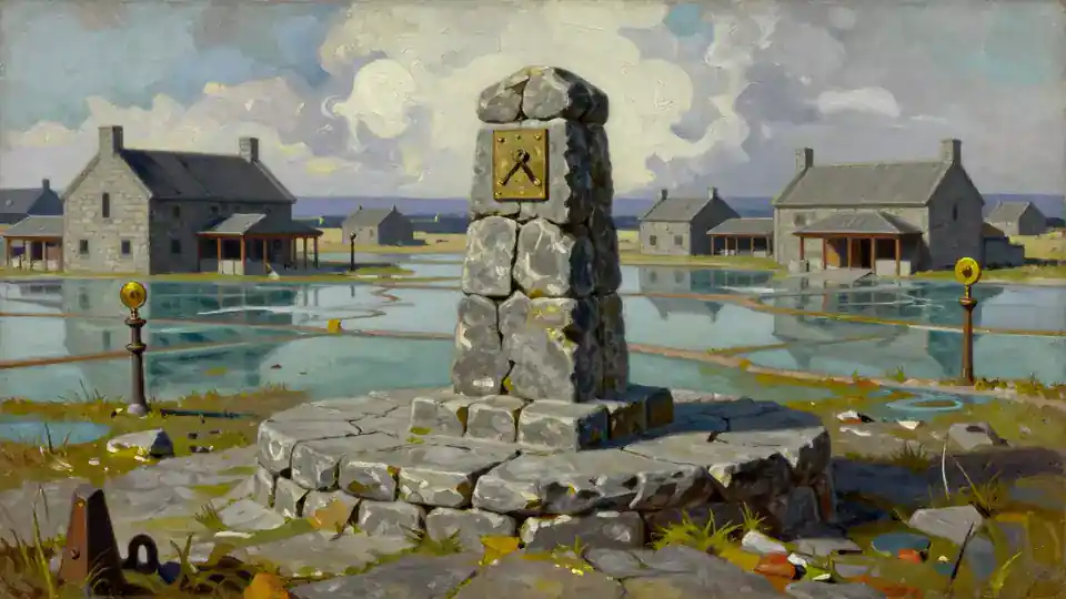The Datum Halt by day: a stone pillar with a bronze plate standing on a plain of wet glass, low houses beyond.