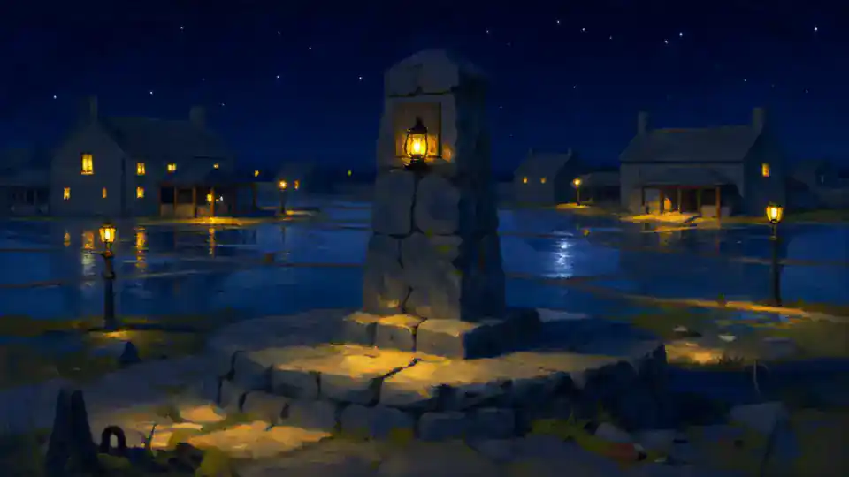 The Datum Halt at night, a lamp burning on the stone pillar above the dark glass.