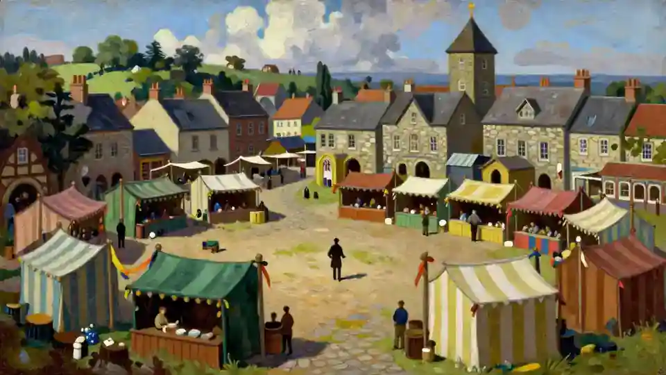 Fairstow's fair ground by day: rows of striped stalls and awnings before a church tower.