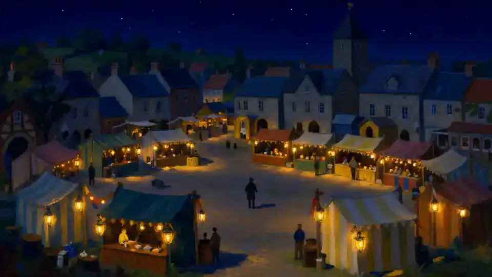 Fairstow's fair ground at night, the stalls glowing with lamps.