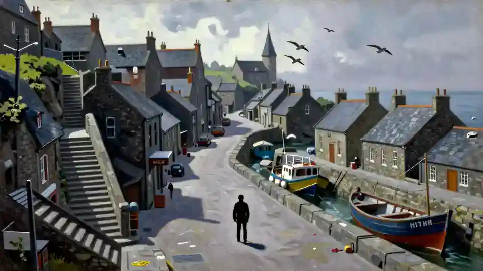 Gullhithe by day: a stone harbour street with stairs, moored boats and gulls overhead.