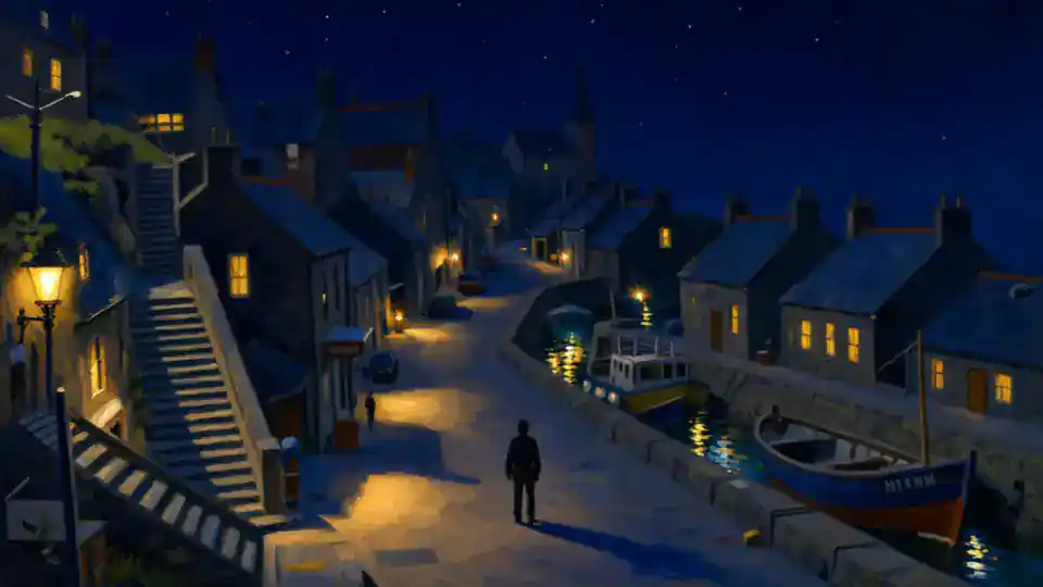 Gullhithe's harbour at night, lamps on the quay and boats in the dark water.