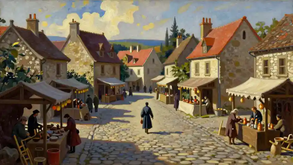 Millbrook's town square by day: cobbles, market stalls under awnings, and stone houses with red roofs.