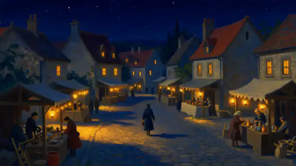 Millbrook's town square at night, the stalls lit by lanterns under a dark blue sky.