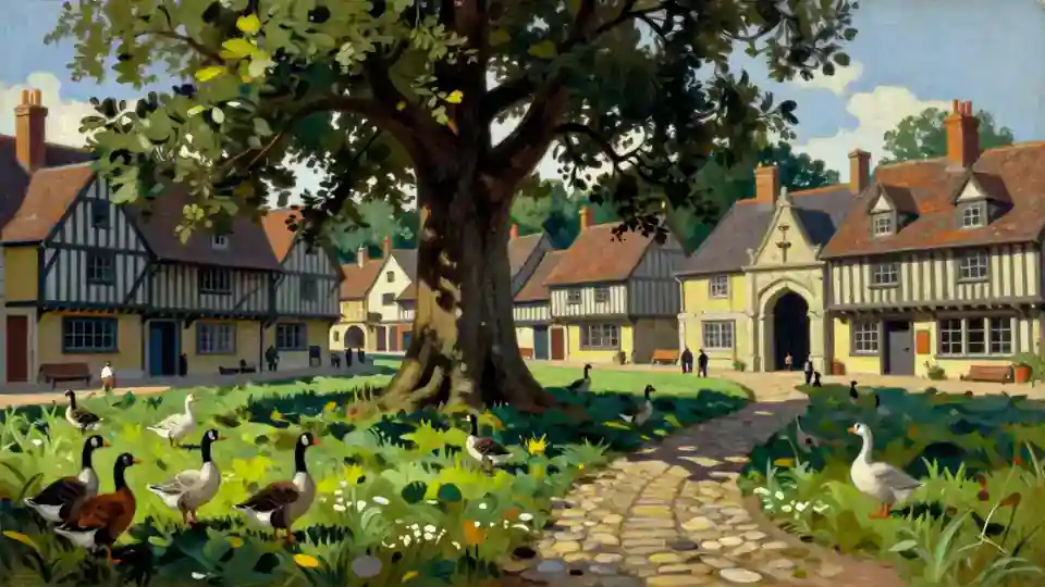 Oakhanger's green by day: geese on the grass under a great elm, half-timbered houses around.