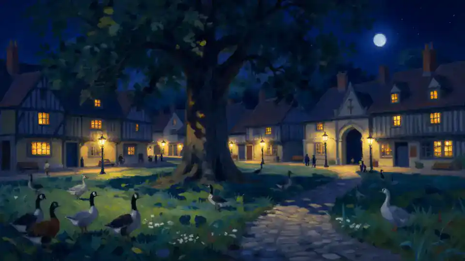 Oakhanger's green at night, the houses' windows lit around the dark elm.