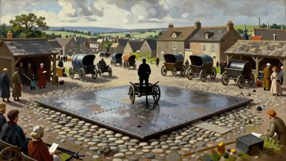 Scaleford by day: a great square iron weighing plate sunk in the cobbles, carts queued around it.