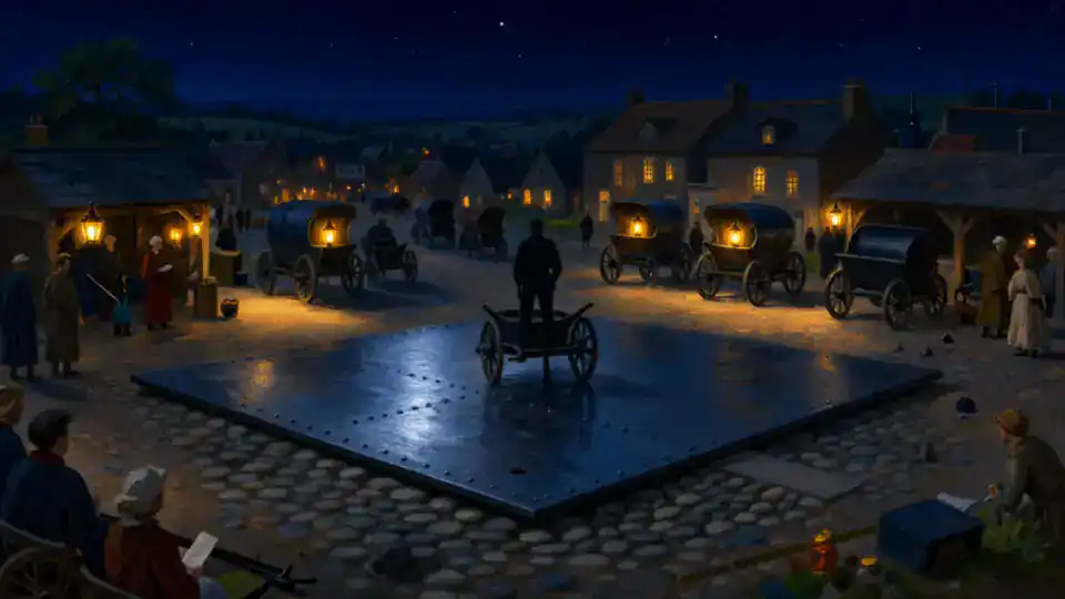 Scaleford's iron plate at night, wet and shining under the lamps of the stalls.