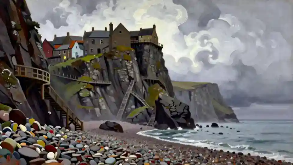 Stannock by day: a shingle beach at the foot of a cliff, houses climbing the rock in tiers.