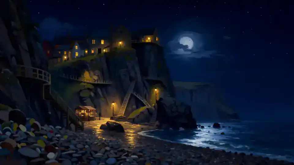 Stannock at night under a full moon, lit windows climbing the cliff.