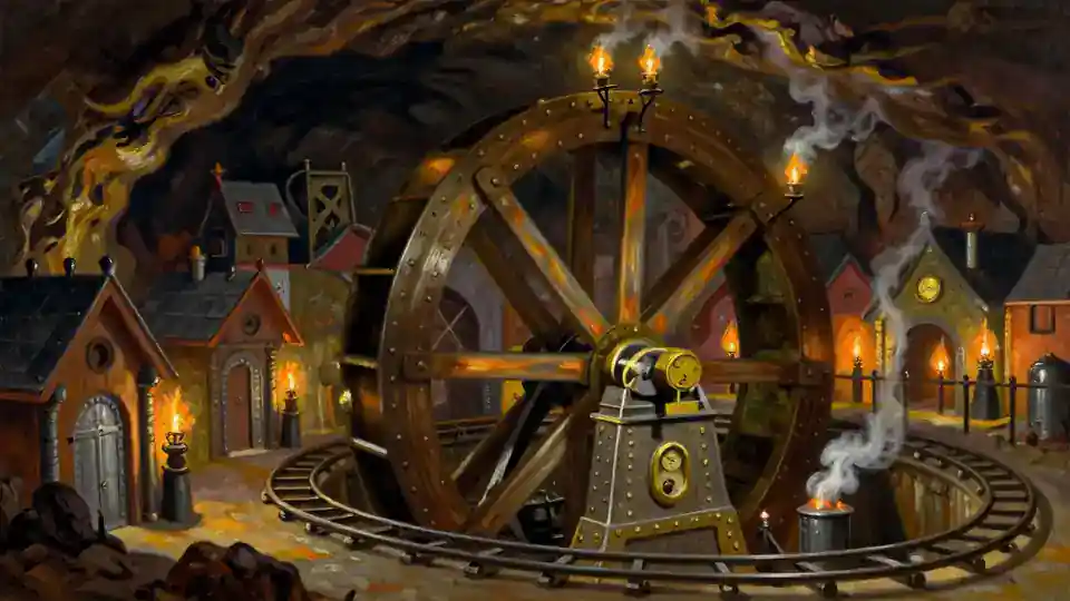 Turnwick: a huge waterwheel turning in a cavern, lit by torches, with brick houses around it.
