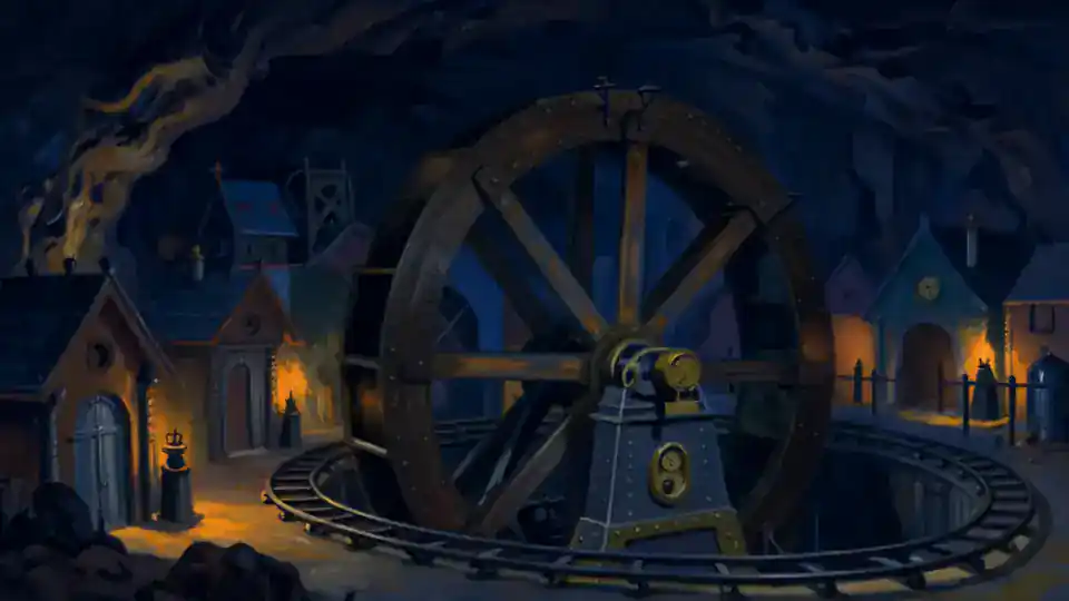 Turnwick's great wheel in the quiet hours, dim and blue in the cavern.